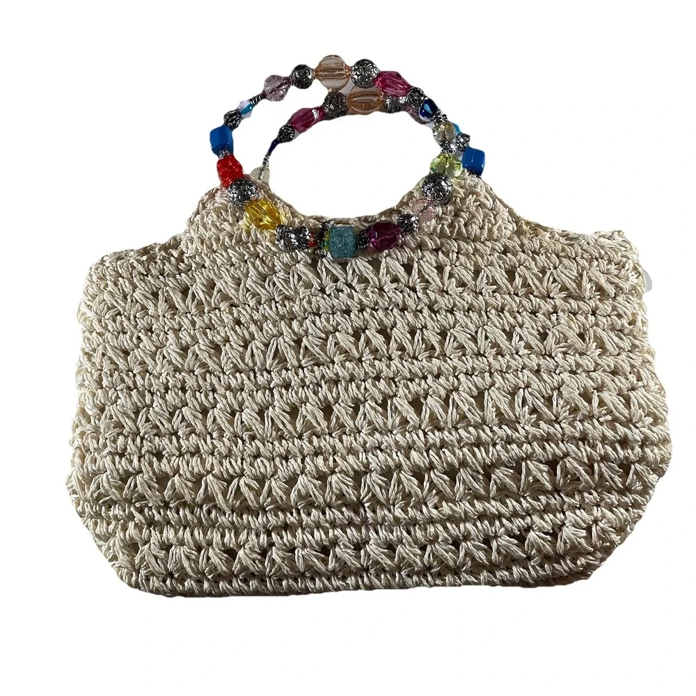 Boho‎ Woven Straw Handbag w/ Multicolor Beaded Handle Blue Miami